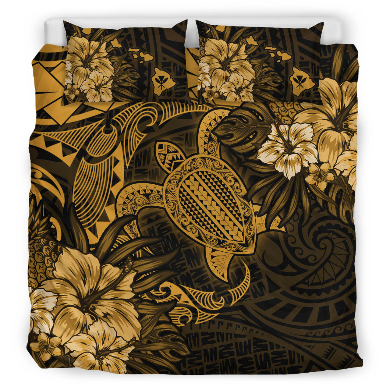 Hawaii Bedding Set - Hawaii Polynesian Turtle Tropical Golden Bedding Set