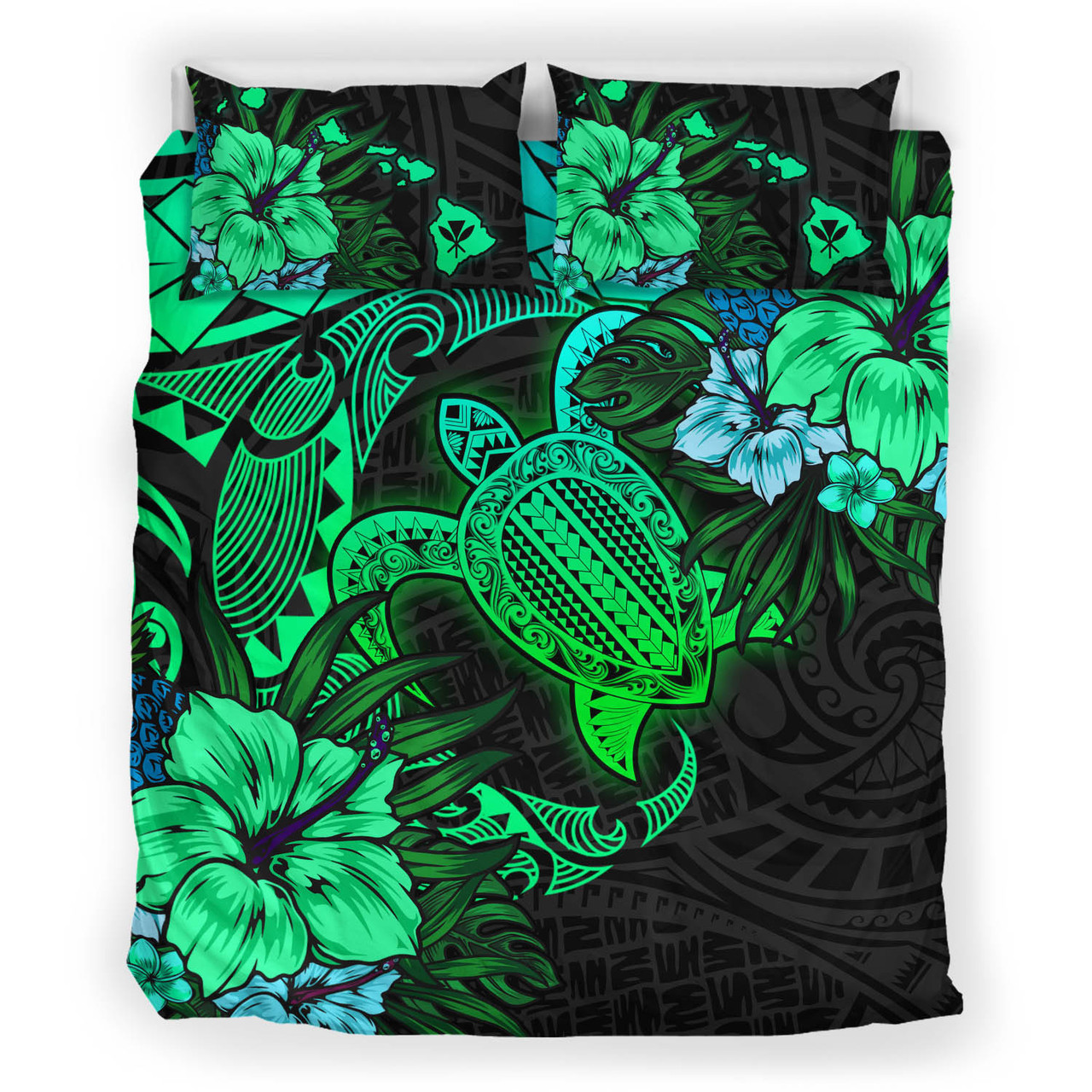 Hawaii Bedding Set - Hawaii Polynesian Turtle Tropical Gardient Green Bedding Set
