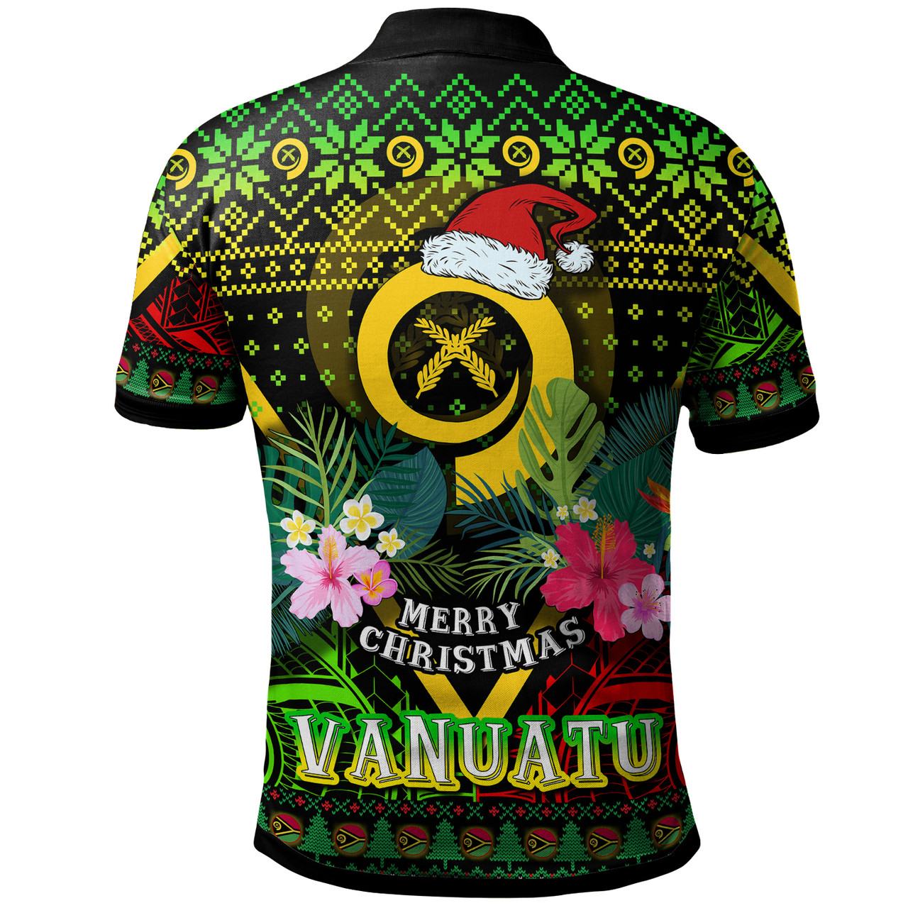 Vanuatu Polynesian Christmas Polo Shirt - Custom Vanuatu Coat of Arms Christmas Hat Polynesian Patterns Polo Shirt