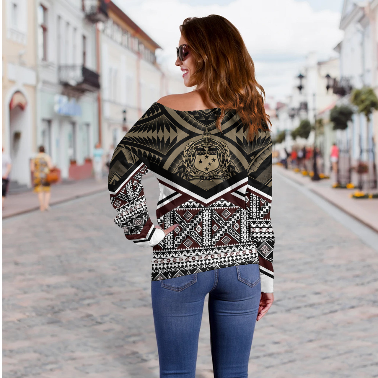 Samoa Off Shoulder Sweatshirt - Samoa Masi Dobby Coat Of Arms