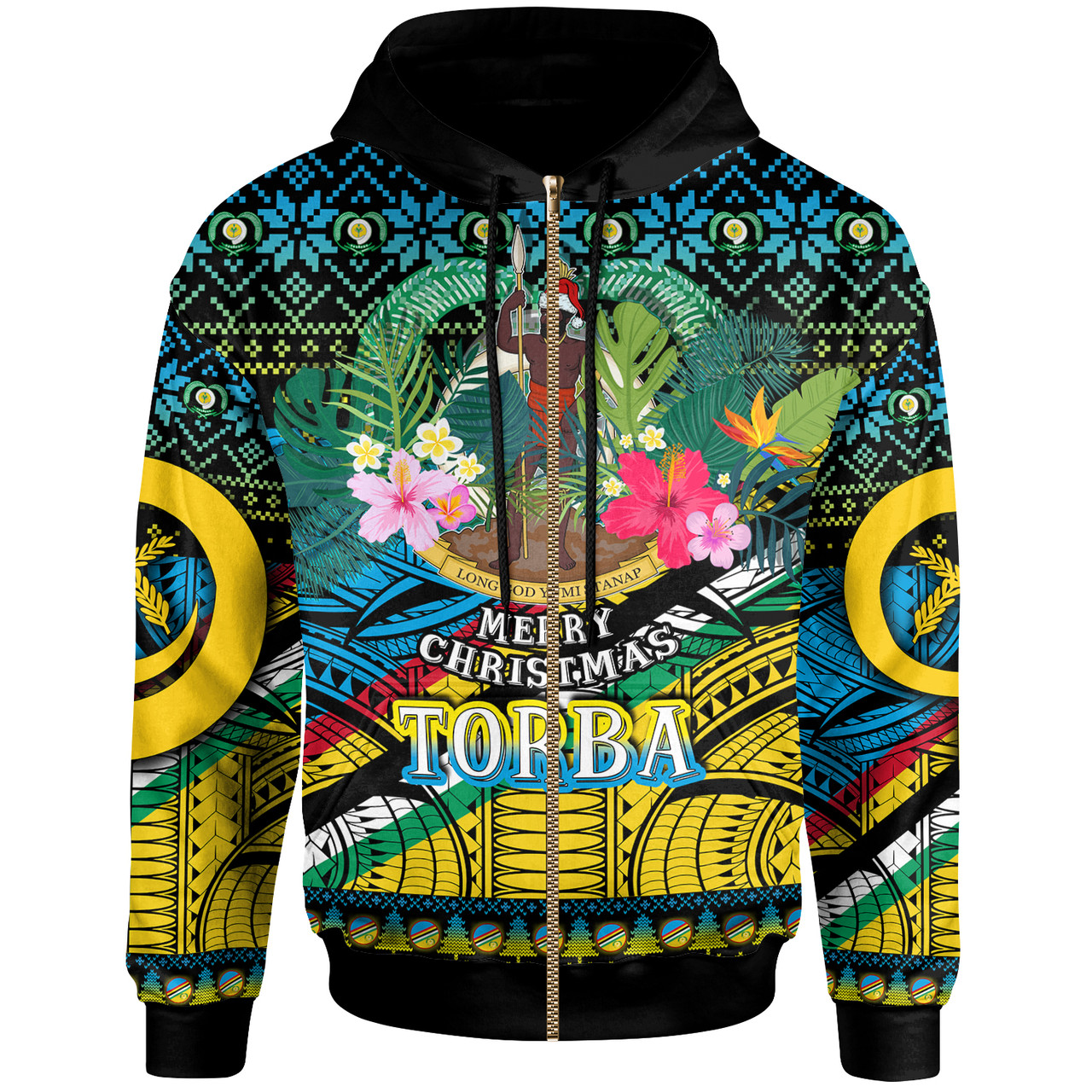 Torba Polynesian Christmas Hoodie - Custom Torba Vanuatu Coat of Arms Christmas Hat Polynesian Patterns Hoodie