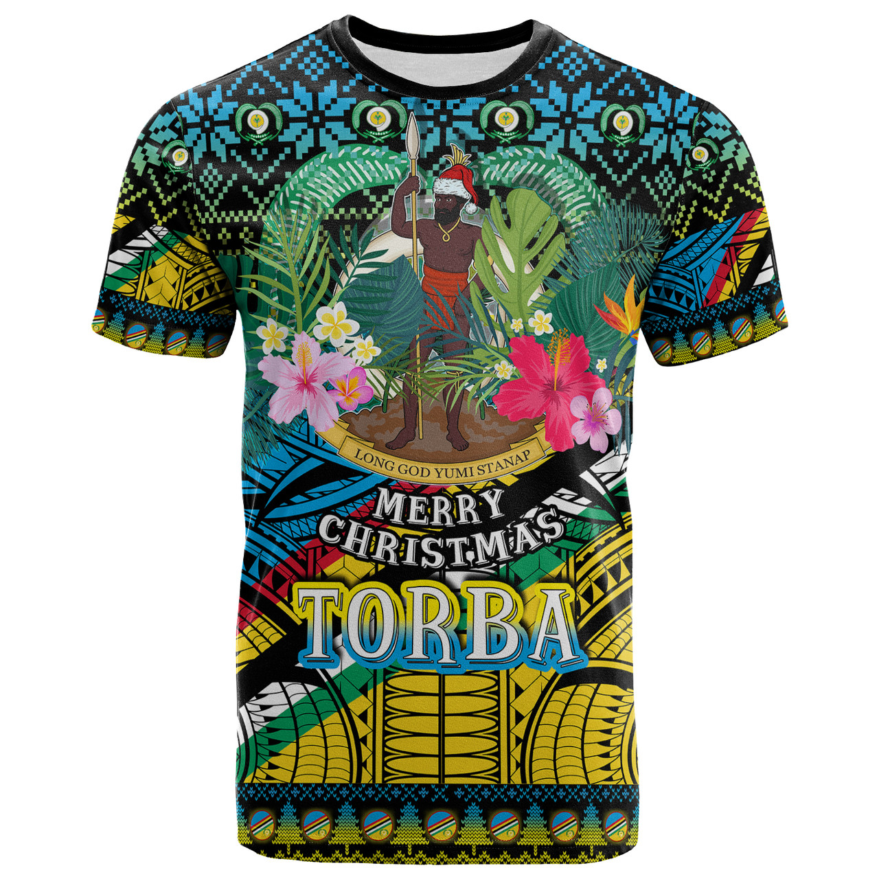 Torba Polynesian Christmas T-Shirt - Custom Torba Vanuatu Coat of Arms Christmas Hat Polynesian Patterns T-Shirt