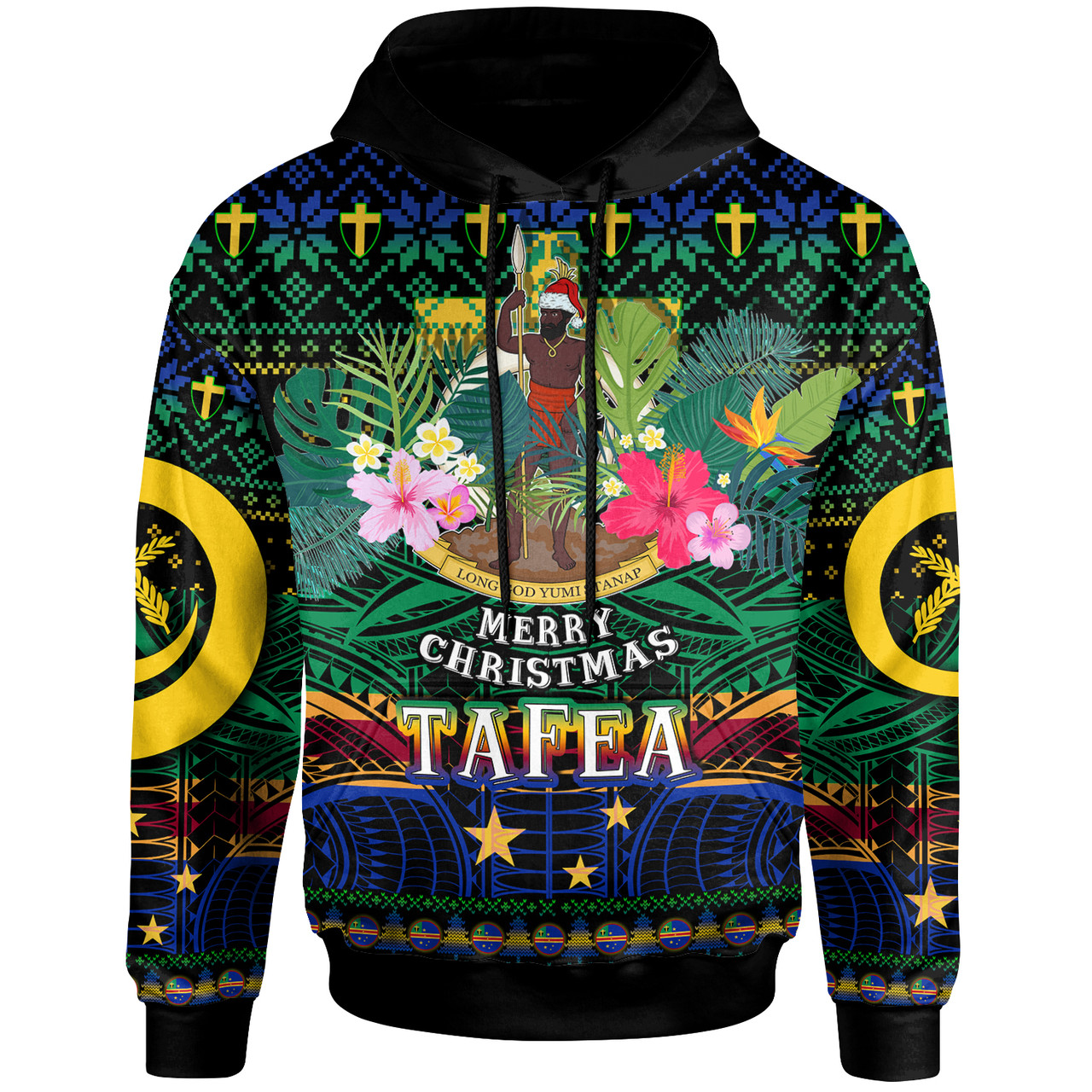 Tafea Polynesian Christmas Hoodie - Custom Tafea Vanuatu Coat of Arms Christmas Hat Polynesian Patterns Hoodie