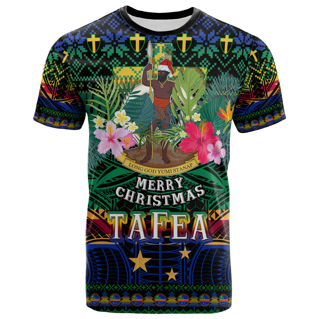 Tafea Polynesian Christmas T-Shirt - Custom Tafea Vanuatu Coat of Arms Christmas Hat Polynesian Patterns T-Shirt