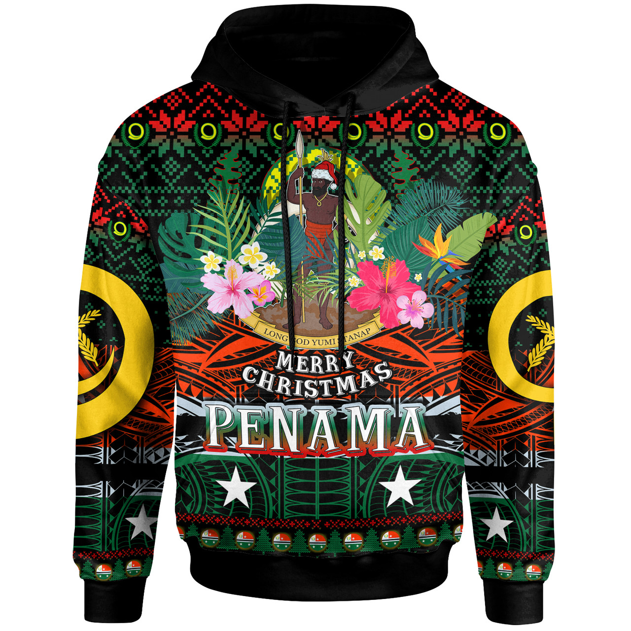 Penama Polynesian Christmas Hoodie - Custom Penama Vanuatu Coat of Arms Christmas Hat Polynesian Patterns Hoodie