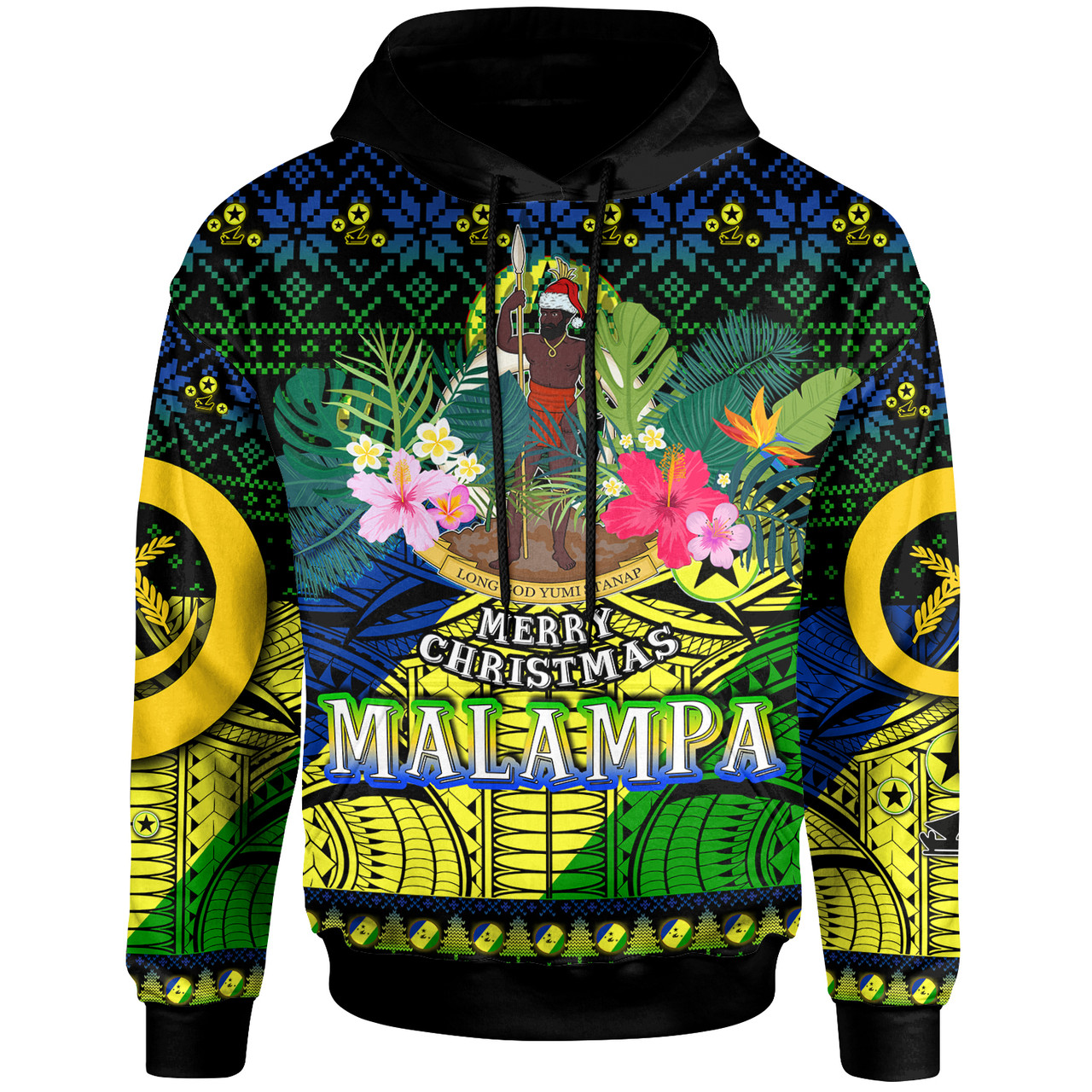 Malampa Polynesian Christmas Hoodie - Custom Malampa Vanuatu Coat of Arms Christmas Hat Polynesian Patterns Hoodie