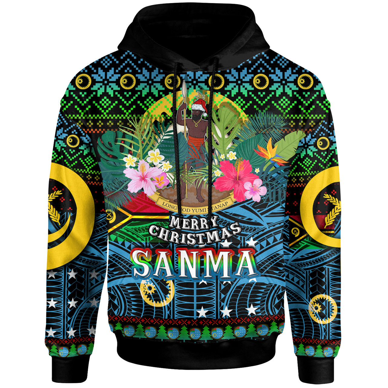 Sanma Polynesian Christmas Hoodie - Custom Sanma Vanuatu Coat of Arms Christmas Hat Polynesian Patterns Hoodie