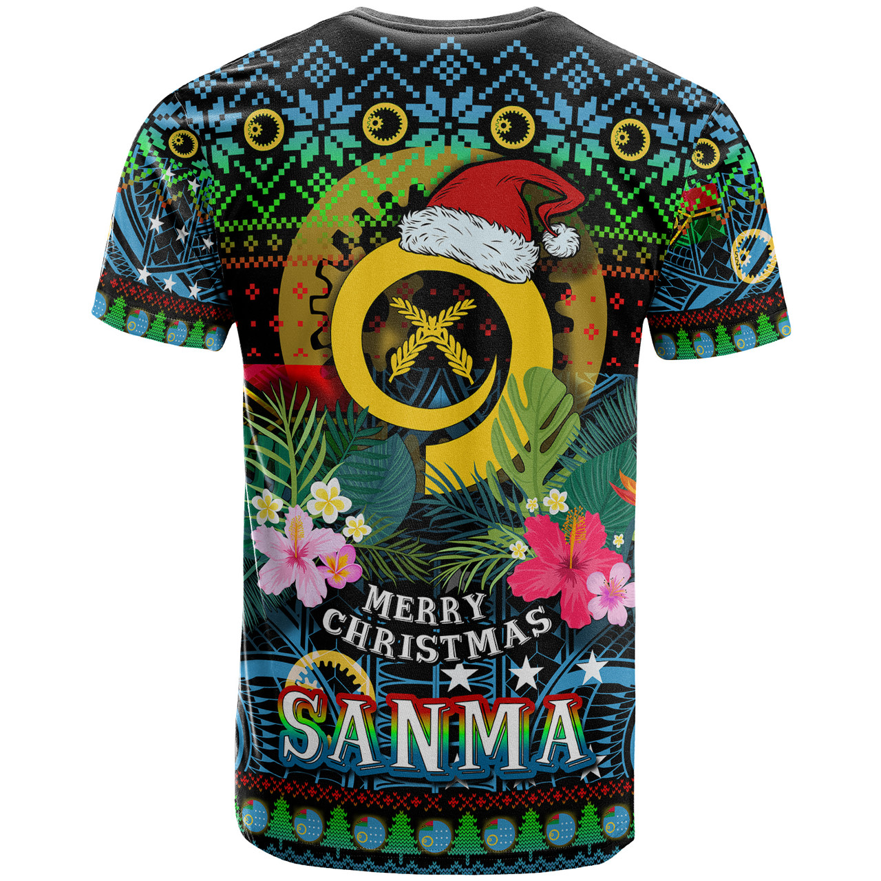 Sanma Polynesian Christmas T-Shirt - Custom Sanma Vanuatu Coat of Arms Christmas Hat Polynesian Patterns T-Shirt