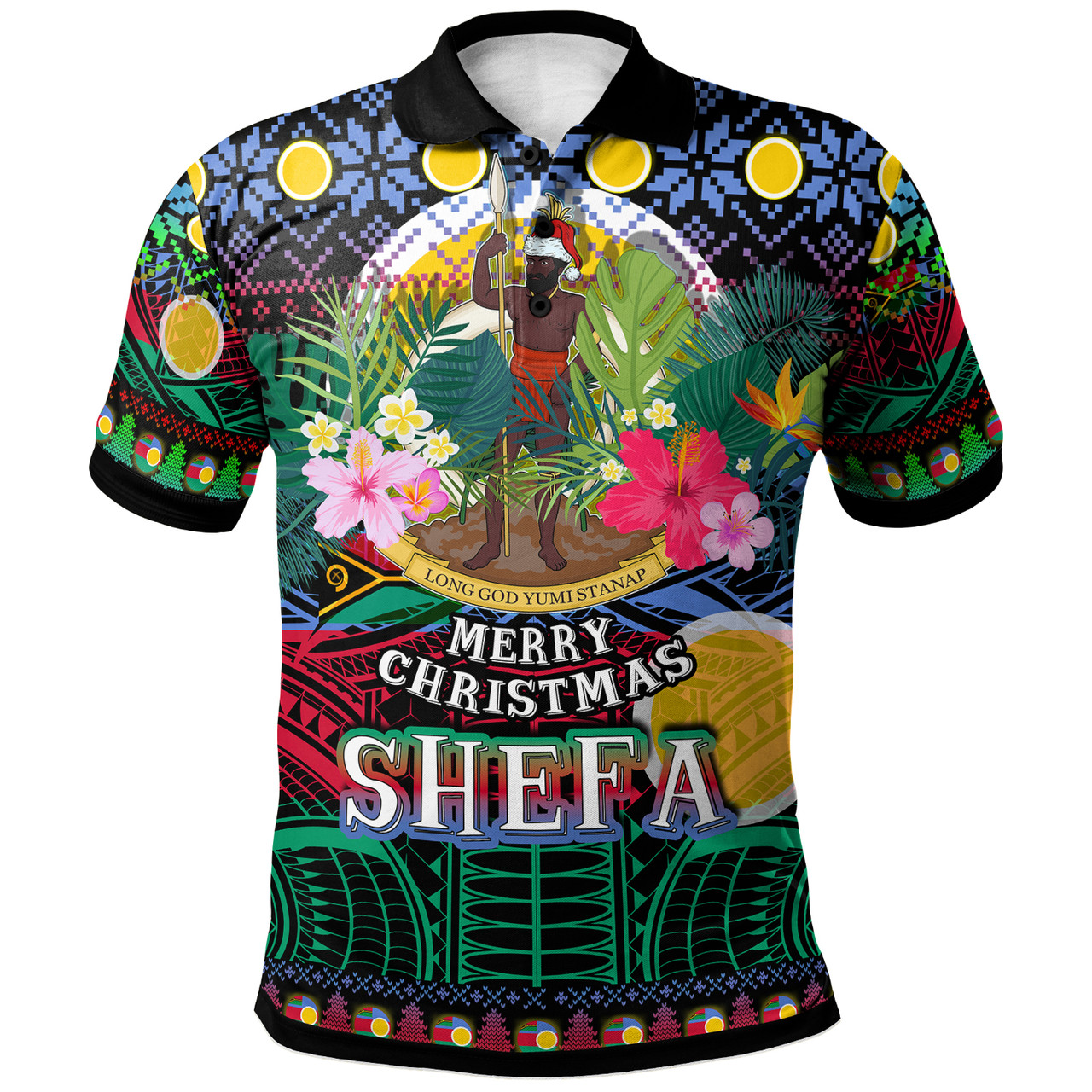 Shefa Polynesian Christmas Polo Shirt - Custom Shefa Vanuatu Coat of Arms Christmas Hat Polynesian Patterns Polo Shirt