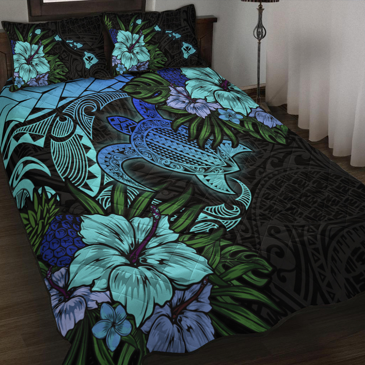 Hawaii Quilt Bed Set Hawaii Polynesian Turtle Tropical Blue Gardient Blue