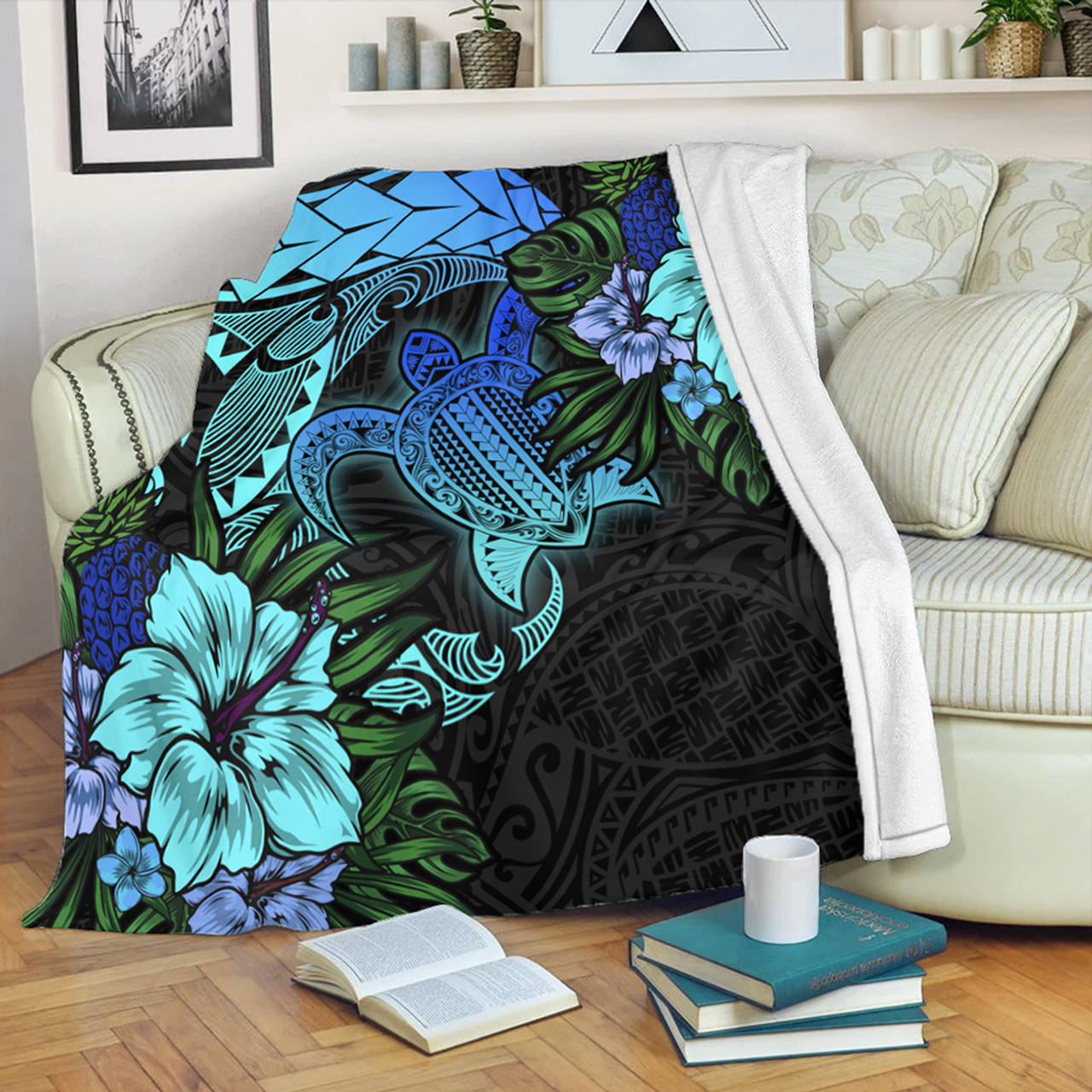 Hawaii Premium Blanket Hawaii Polynesian Turtle Tropical Blue Gardient Blue