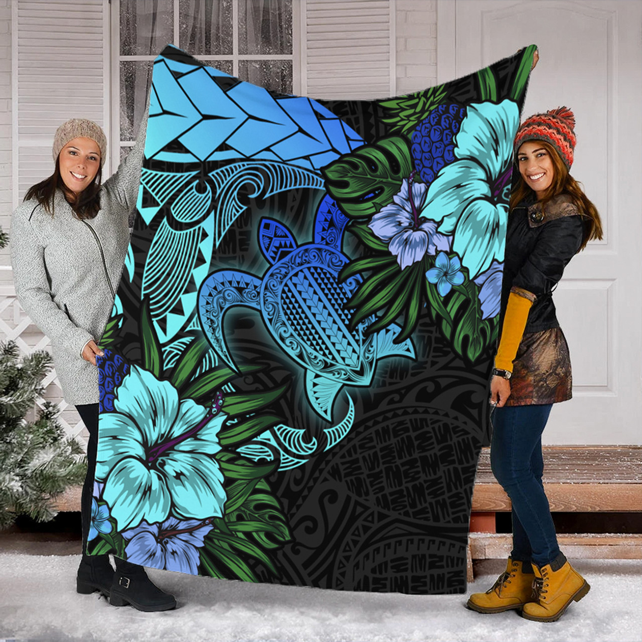 Hawaii Premium Blanket Hawaii Polynesian Turtle Tropical Blue Gardient Blue