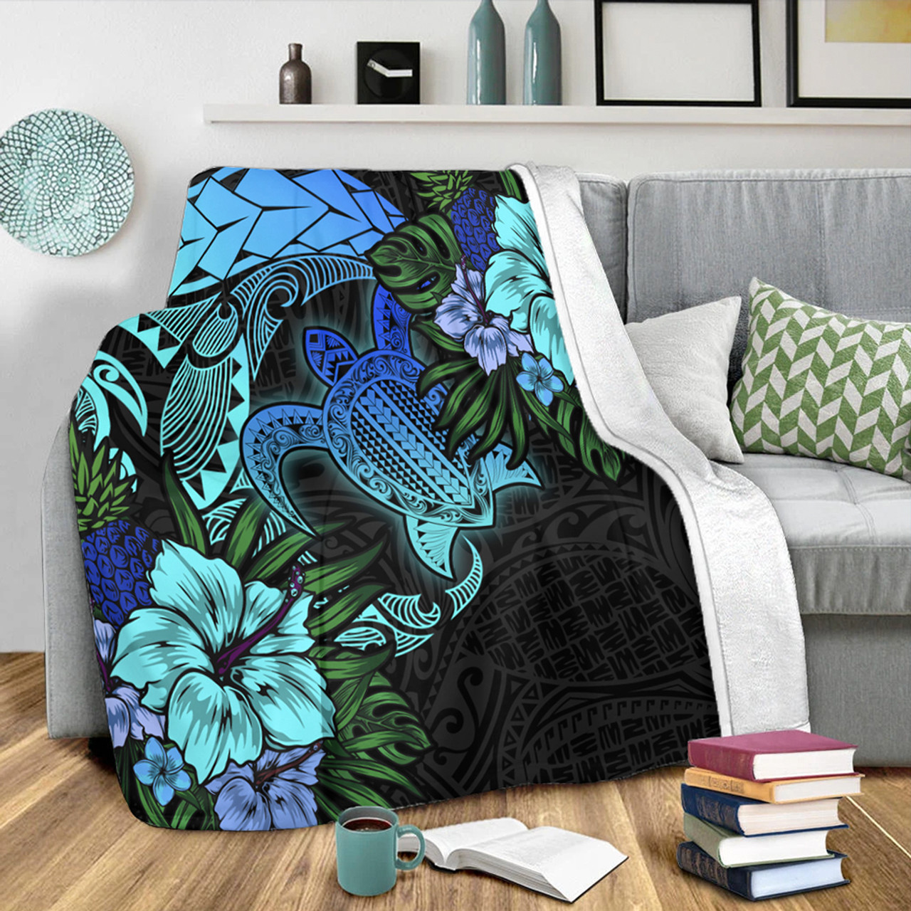 Hawaii Premium Blanket Hawaii Polynesian Turtle Tropical Blue Gardient Blue