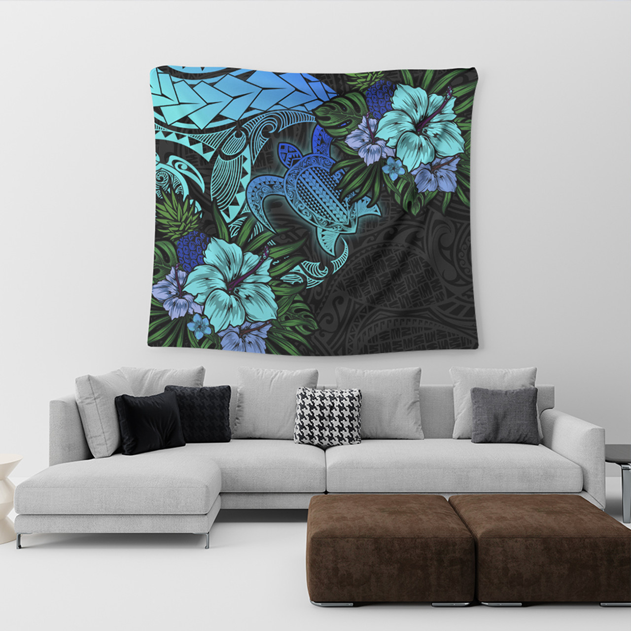 Hawaii Tapestry Hawaii Polynesian Turtle Tropical Blue Gardient Blue