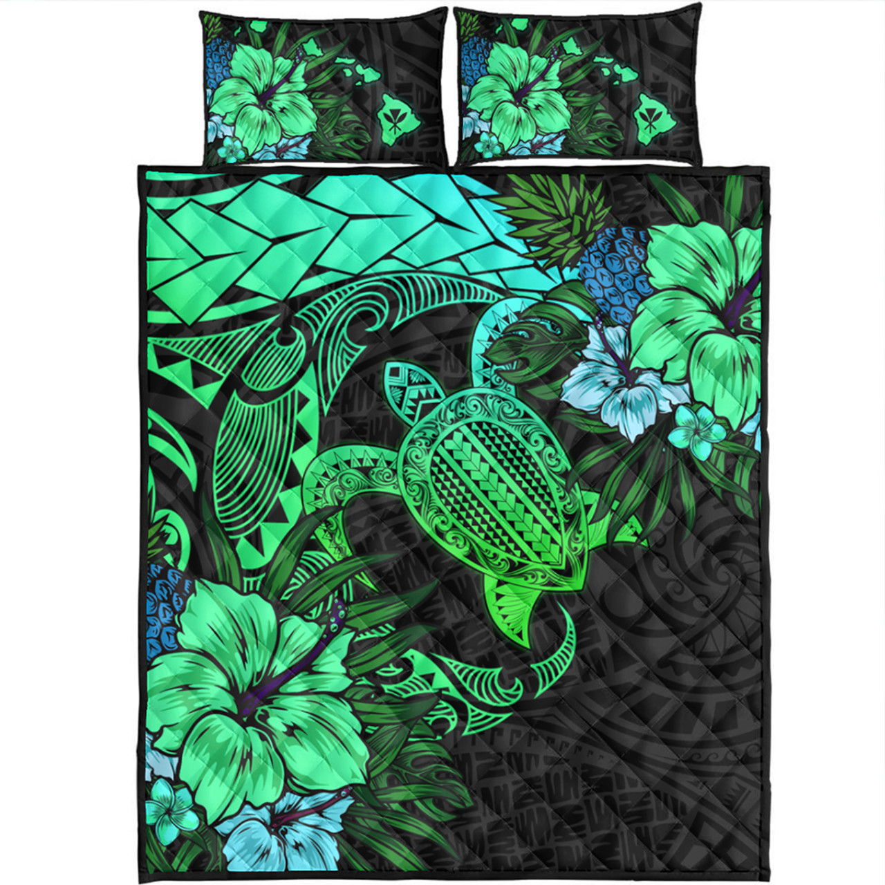 Hawaii Quilt Bed Set Hawaii Polynesian Turtle Tropical Gardient Green