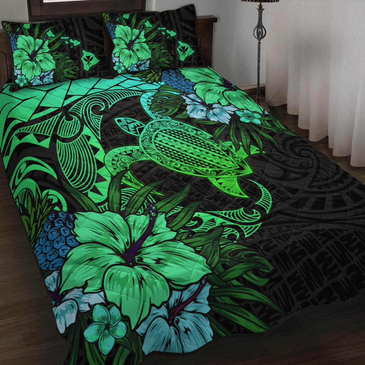 Hawaii Quilt Bed Set Hawaii Polynesian Turtle Tropical Gardient Green