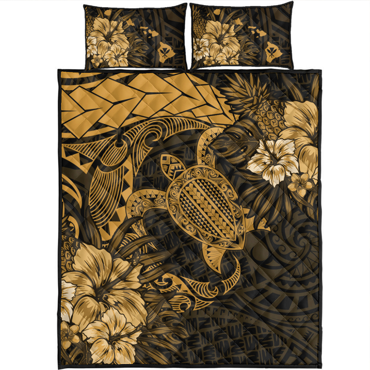 Hawaii Quilt Bed Set Hawaii Polynesian Turtle Tropical Golden