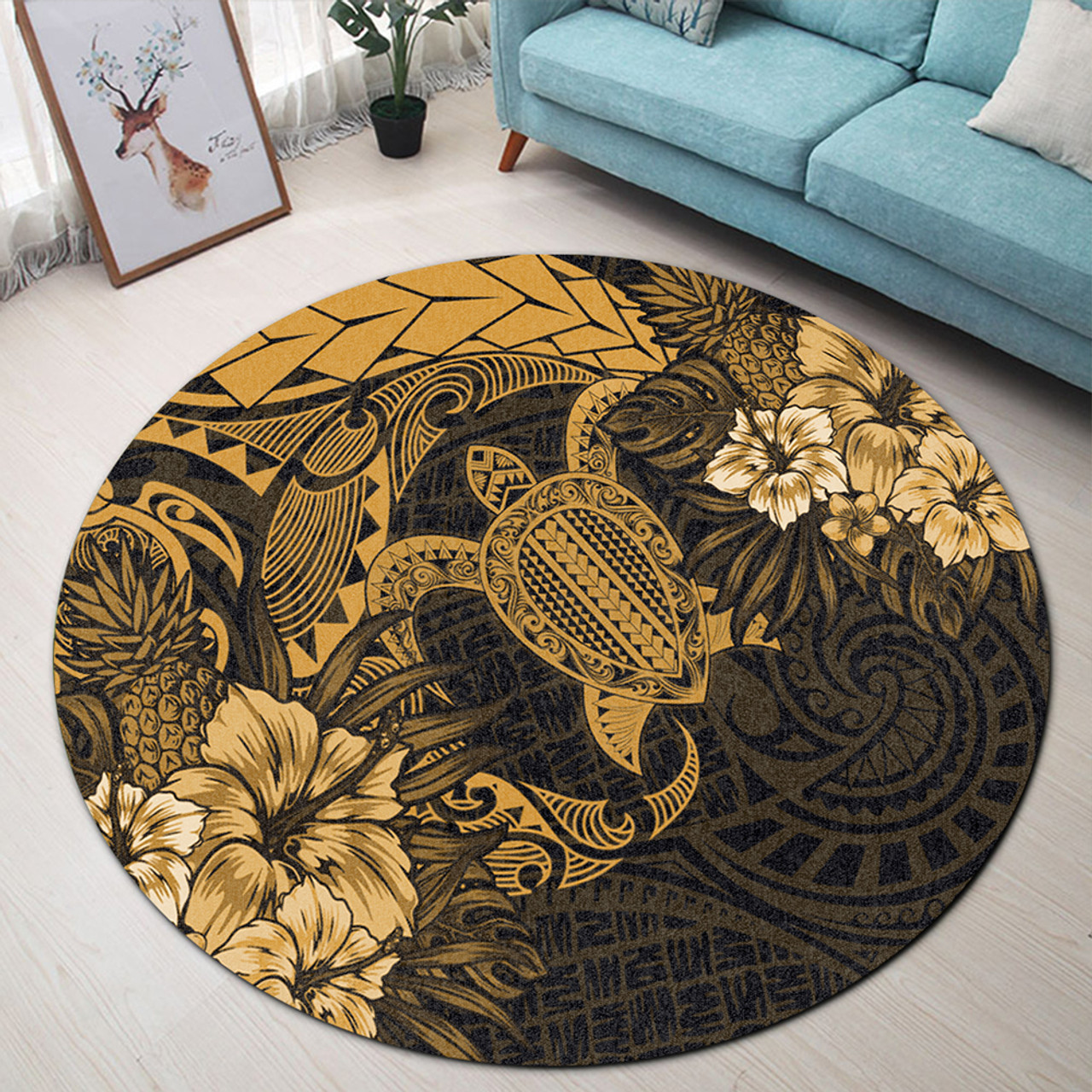 Hawaii Round Rug Hawaii Polynesian Turtle Tropical Golden