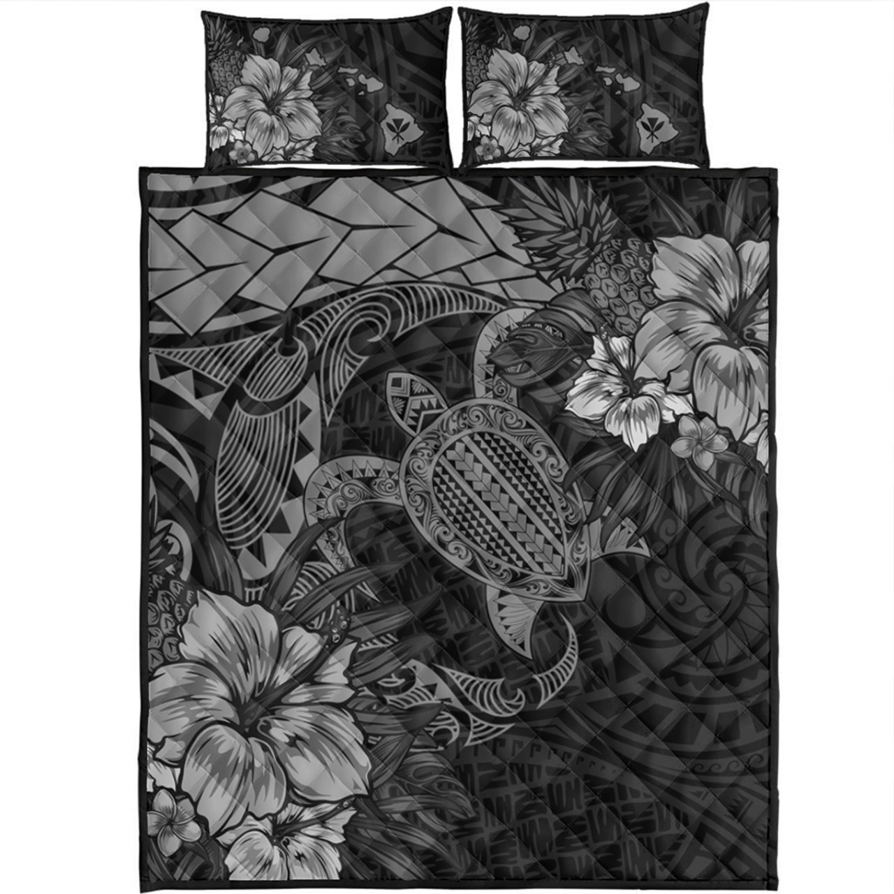 Hawaii Quilt Bed Set Hawaii Polynesian Turtle Tropical Grey