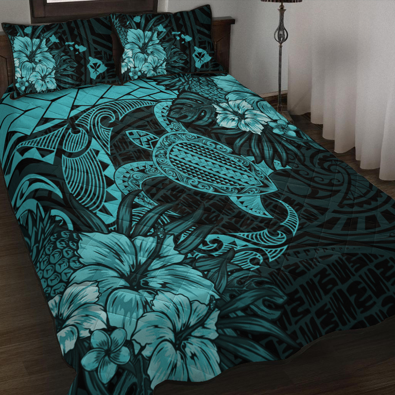 Hawaii Quilt Bed Set Hawaii Polynesian Turtle Tropical Turquoise