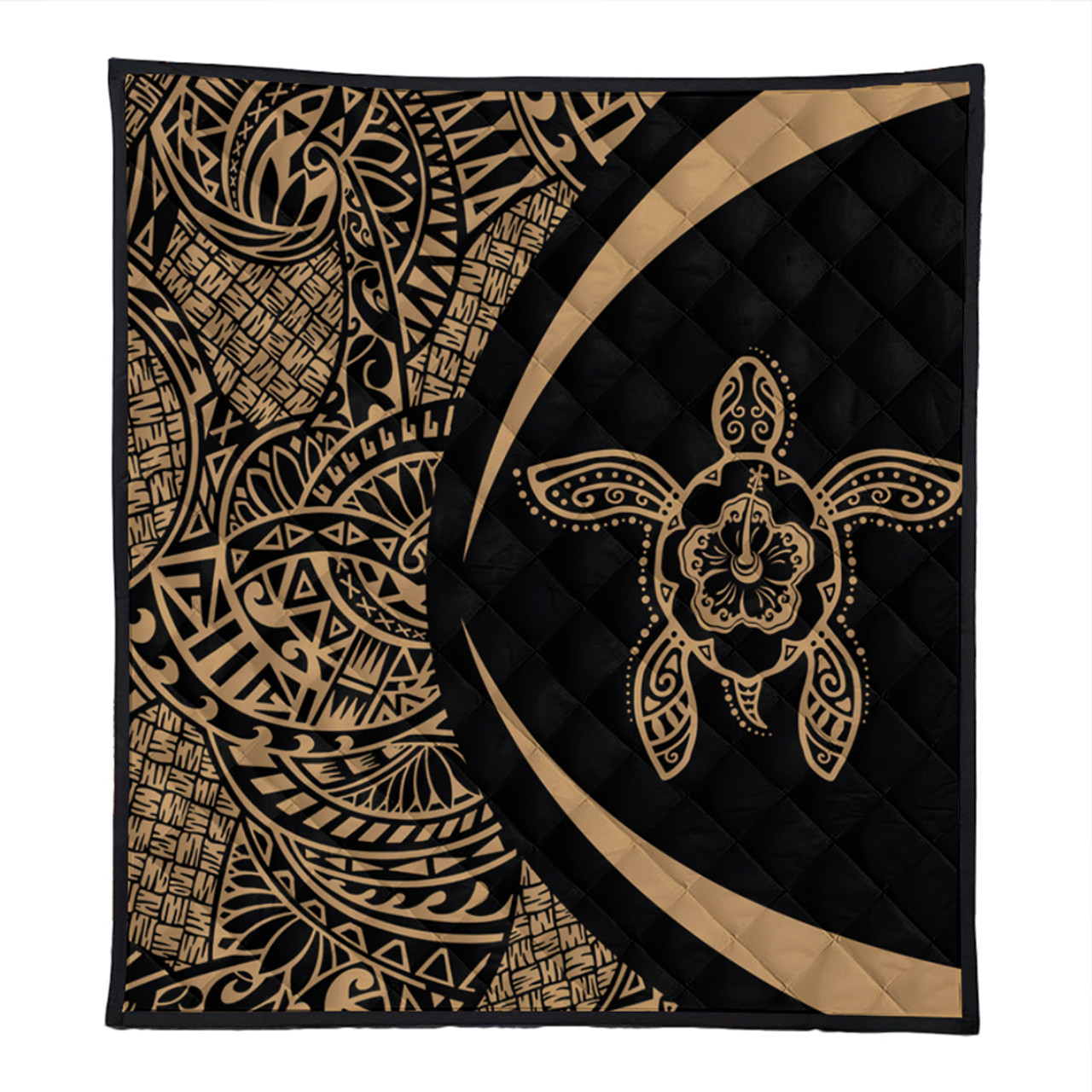 Hawaii Premium Quilt Turtle Hibiscus Lauhala Black Gold Circle