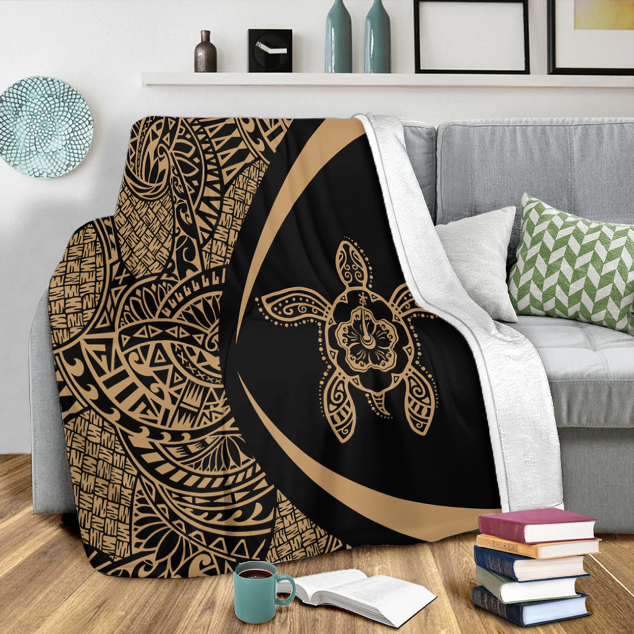 Hawaii Premium Blanket Turtle Hibiscus Lauhala Black Gold Circle