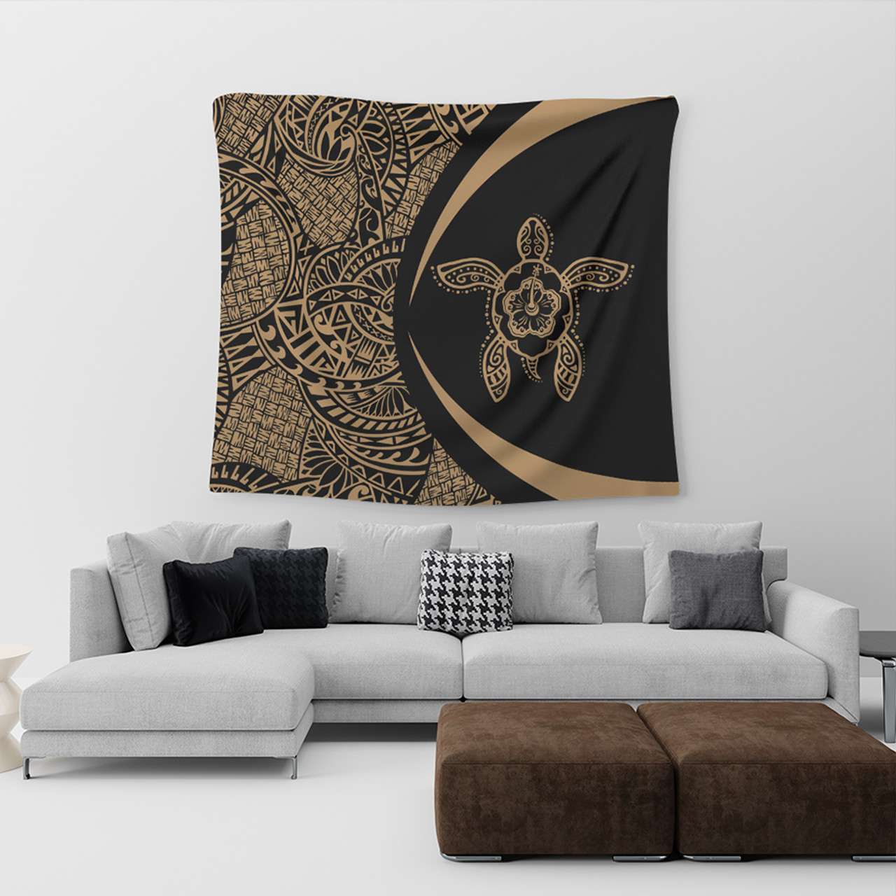 Hawaii Tapestry Turtle Hibiscus Lauhala Black Gold Circle