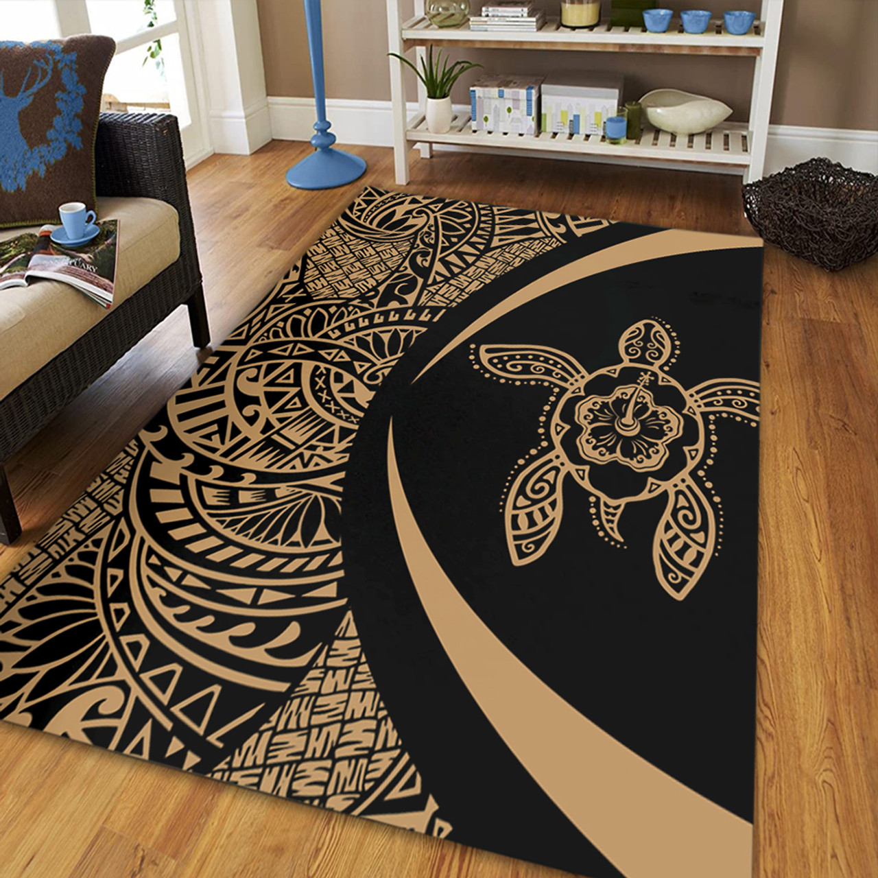 Hawaii Area Rug Turtle Hibiscus Lauhala Black Gold Circle