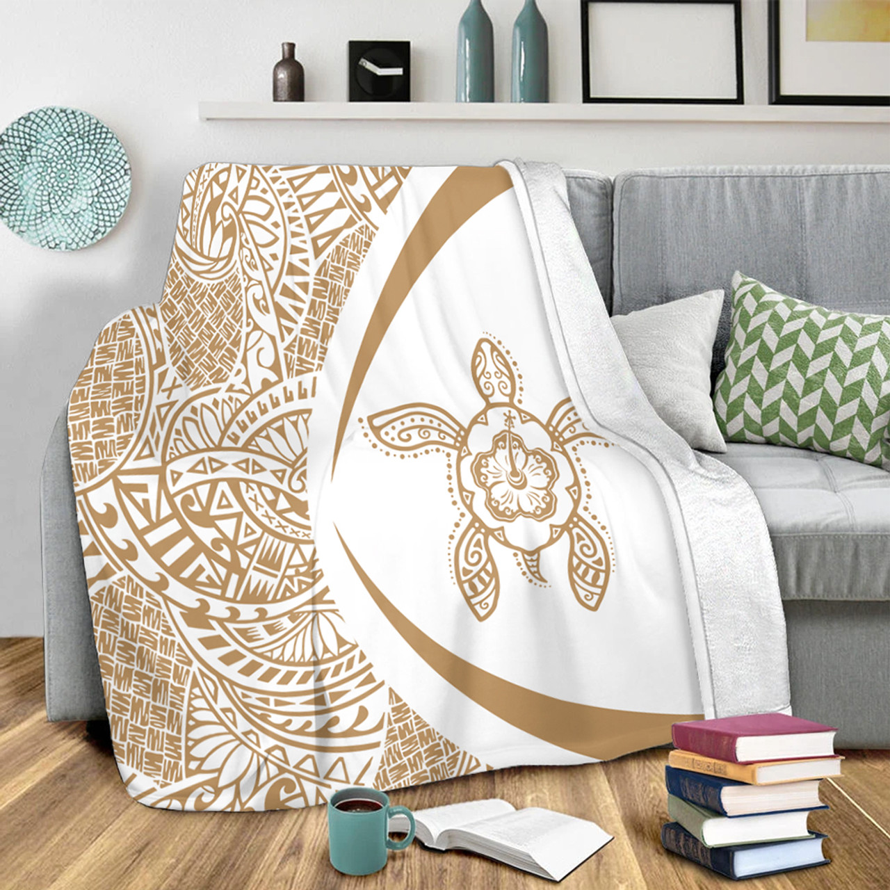 Hawaii Premium Blanket Turtle Hibiscus Lauhala White Gold Circle