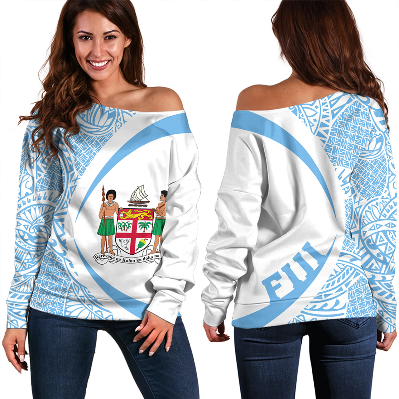 Fiji Off Shoulder Sweatshirt Coat Of Arm Lauhala Circle