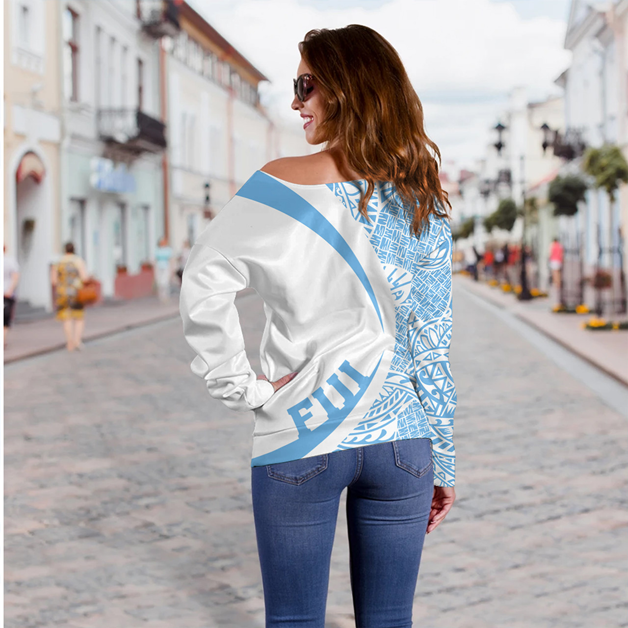 Fiji Off Shoulder Sweatshirt Coat Of Arm Lauhala Circle