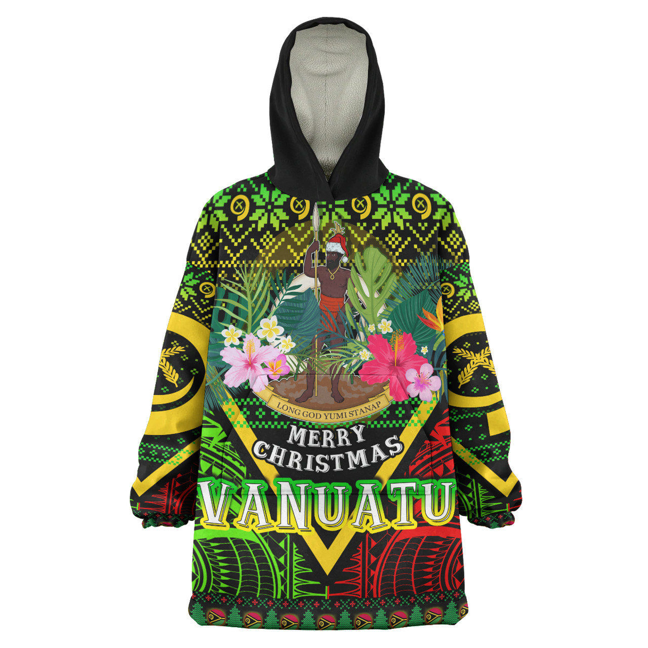 Vanuatu Polynesian Christmas Snug Hoodie - Vanuatu Coat of Arms Christmas Hat Polynesian Patterns Oodie Blanket