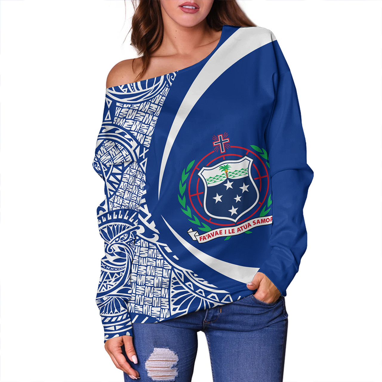 Samoa Off Shoulder Sweatshirt Coat Of Arm Lauhala Rugby Circle