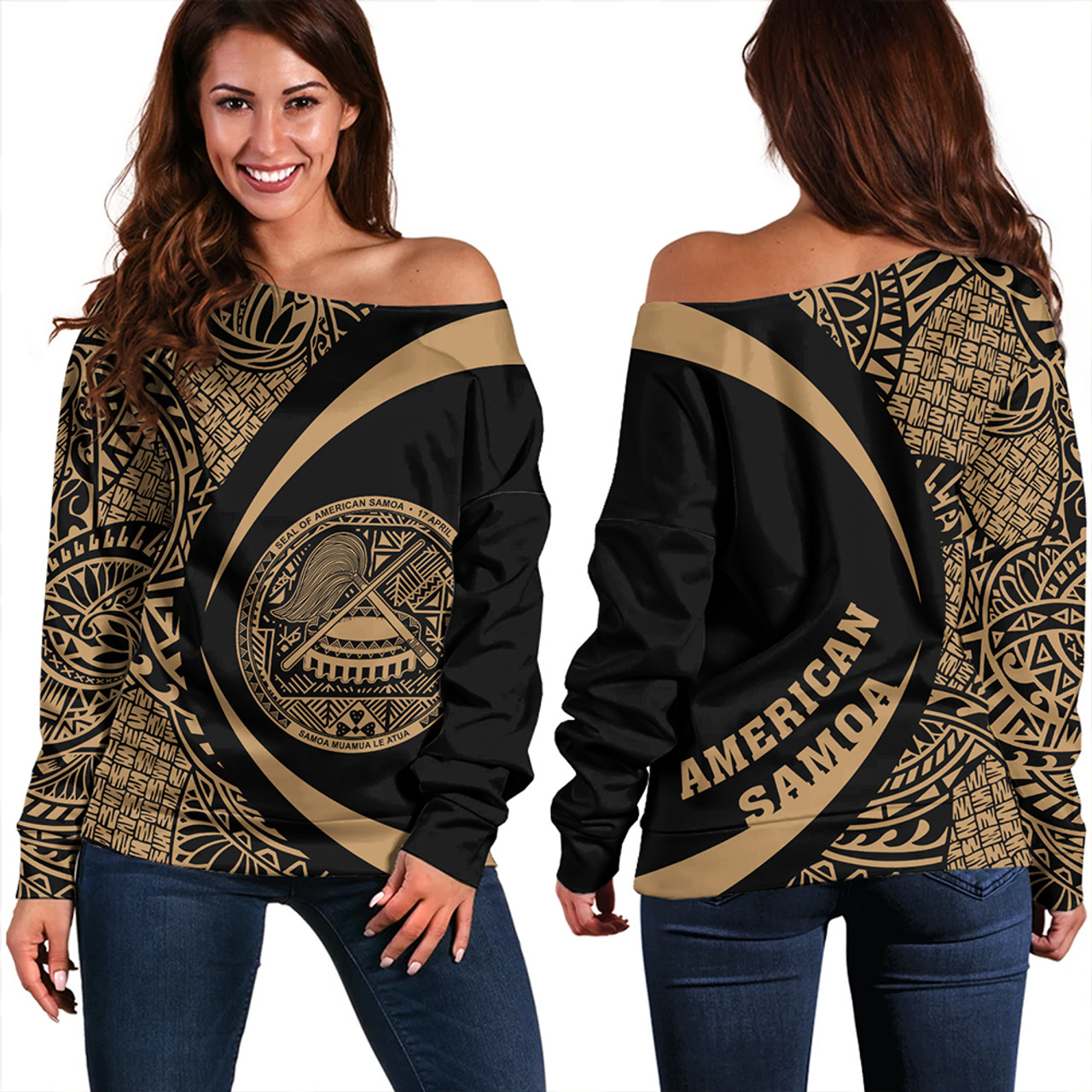 Samoa Off Shoulder Sweatshirt American Samoa Coat Of Arm Lauhala Gold Circle