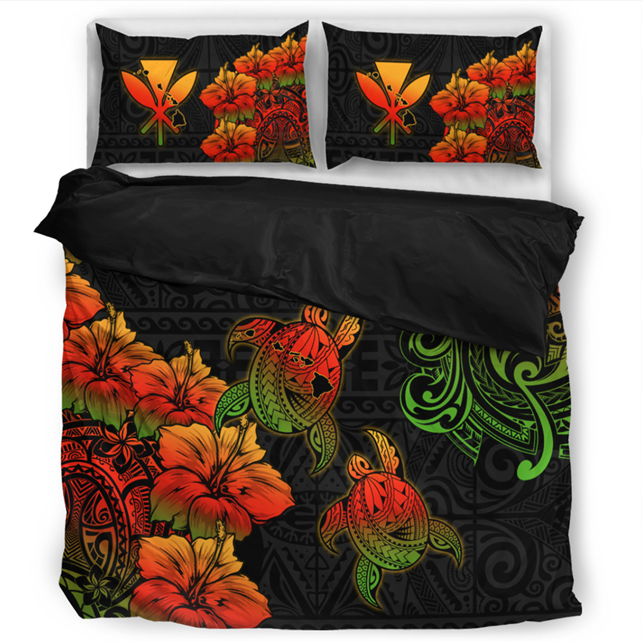 Hawaii Bedding Set Hawaii Turtle Map Style Drawing Polynesian