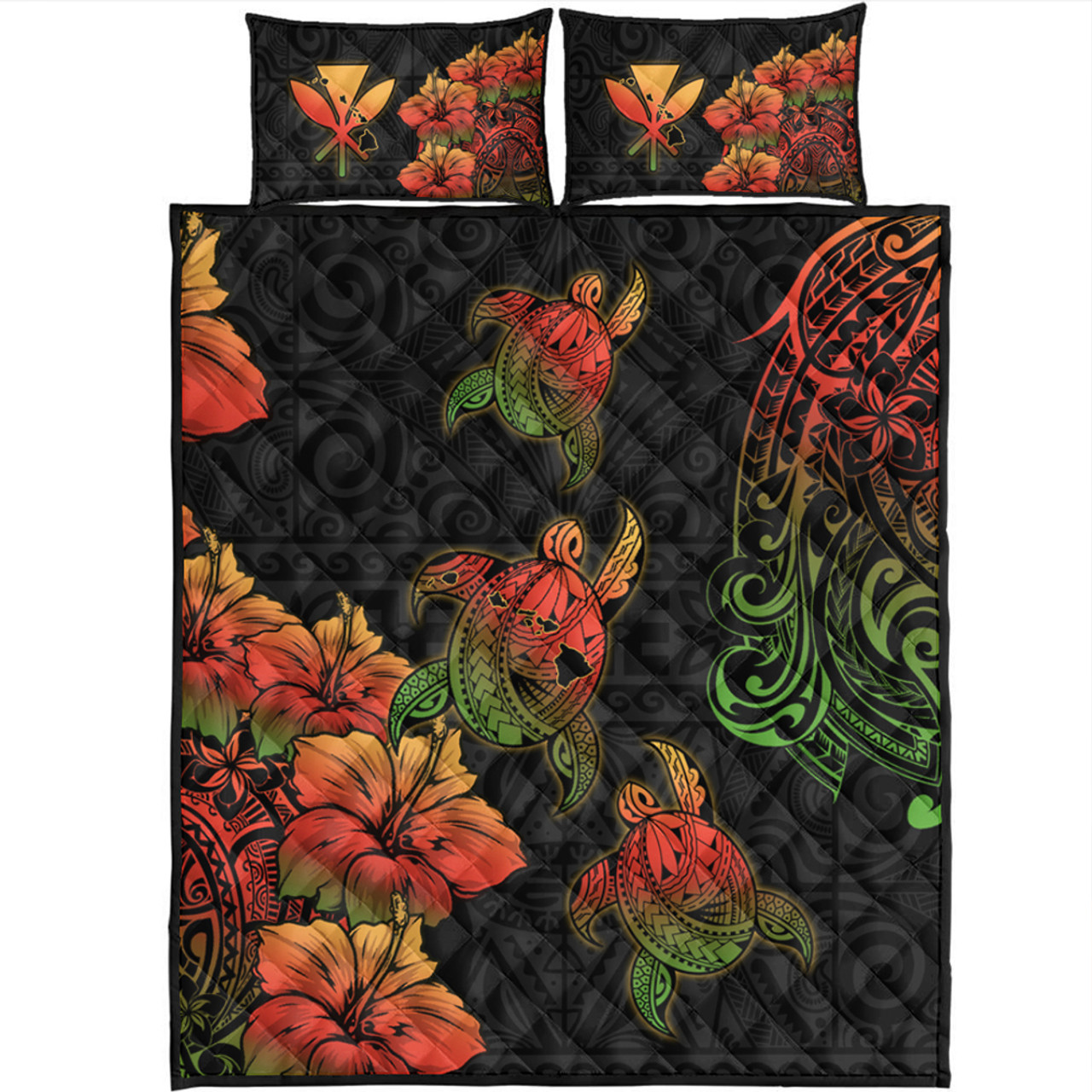 Hawaii Quilt Bed Set Hawaii Turtle Map Style Drawing Polynesian