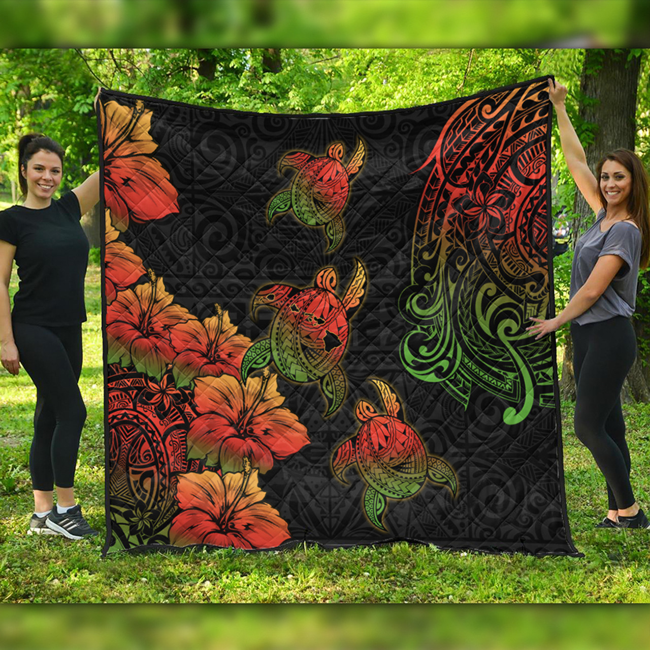 Hawaii Premium Quilt Hawaii Turtle Map Style Drawing Polynesian