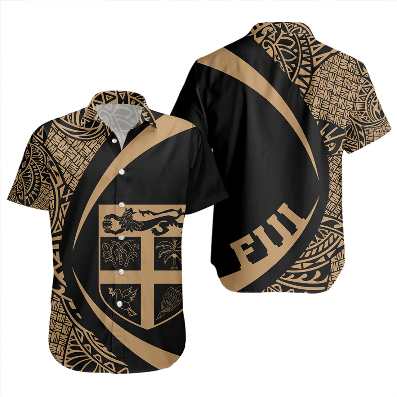 Fiji Short Sleeve Shirt Coat Of Arm Lauhala Gold Circle