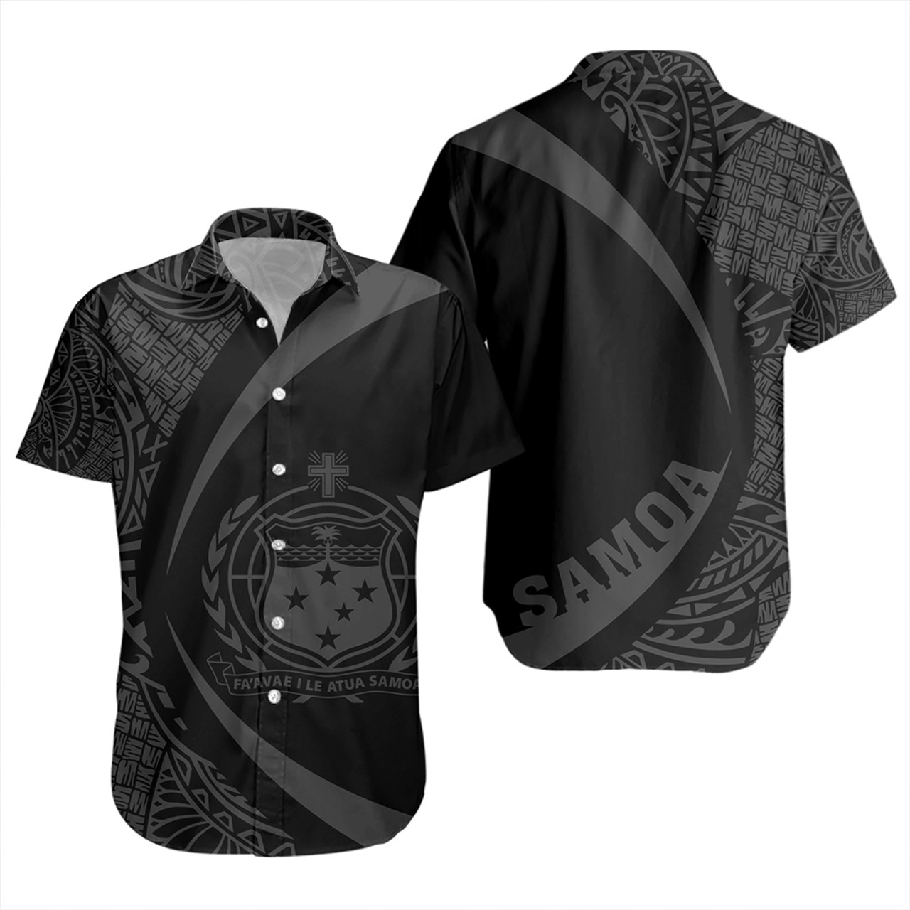 Samoa Short Sleeve Shirt Coat Of Arm Lauhala Gray Circle