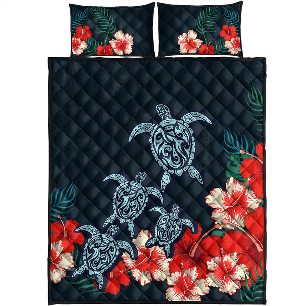 Hawaii Quilt Bed Set Four Turtle Hibiscus Tropical