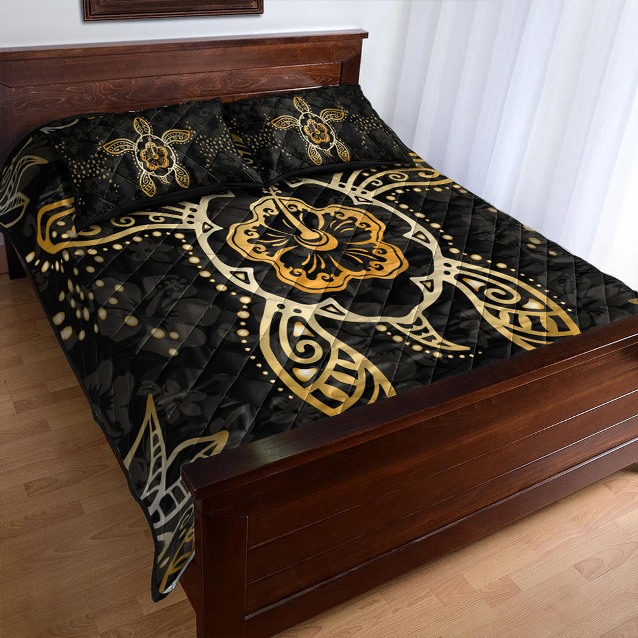 Hawaii Quilt Bed Set Golden Hibiscus And Turtle