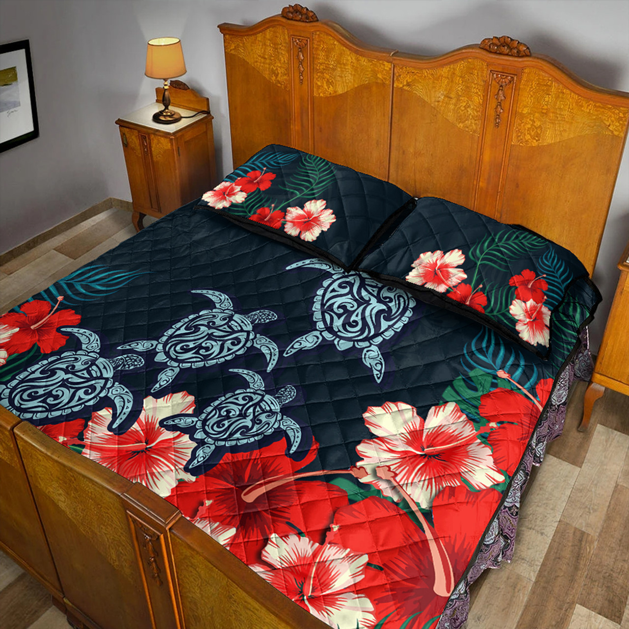 Hawaii Quilt Bed Set Hibiscus And Turtle Skillful