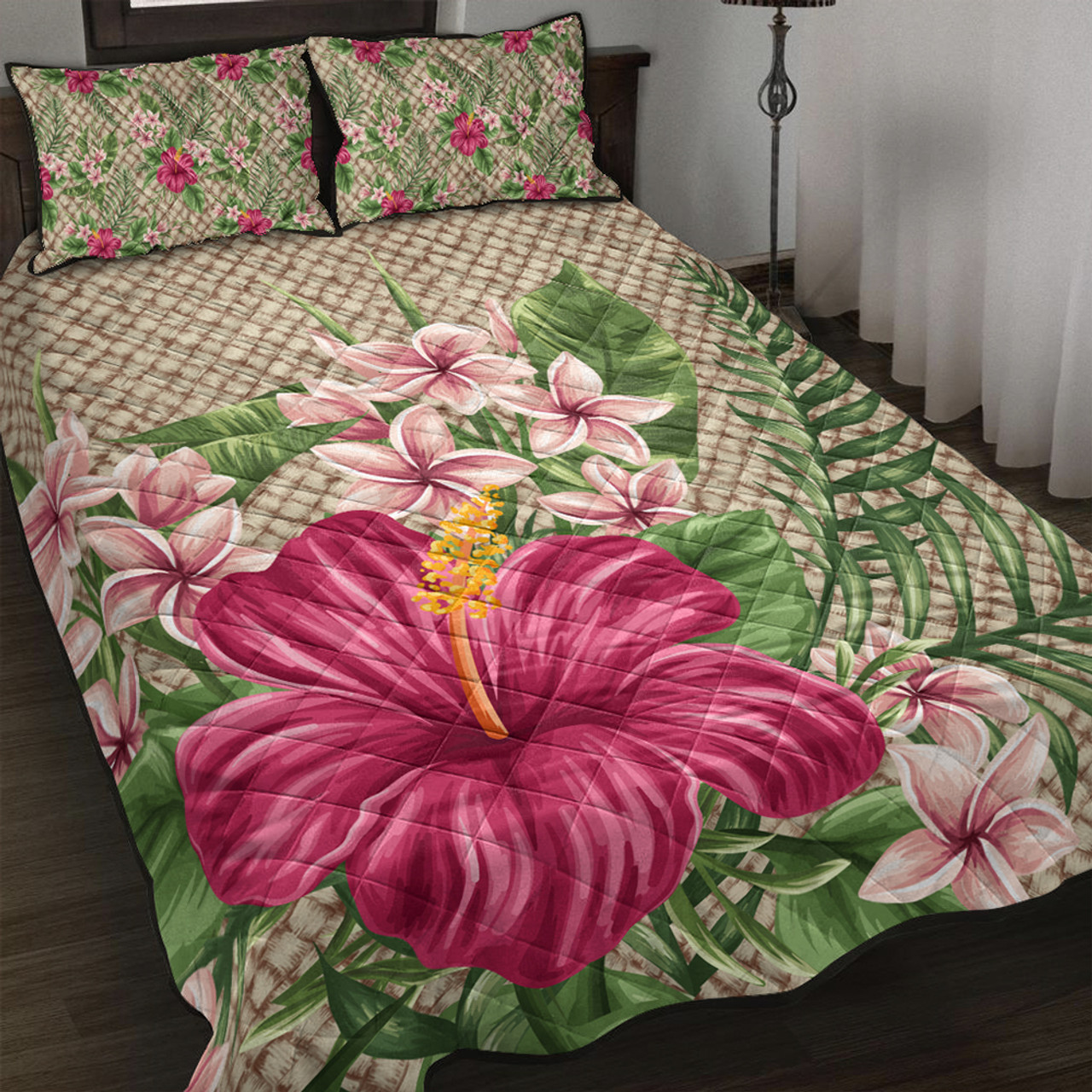 Hawaii Quilt Bed Set Hibiscus Plumeria Palm Leaves Lauhala Background Polynesian