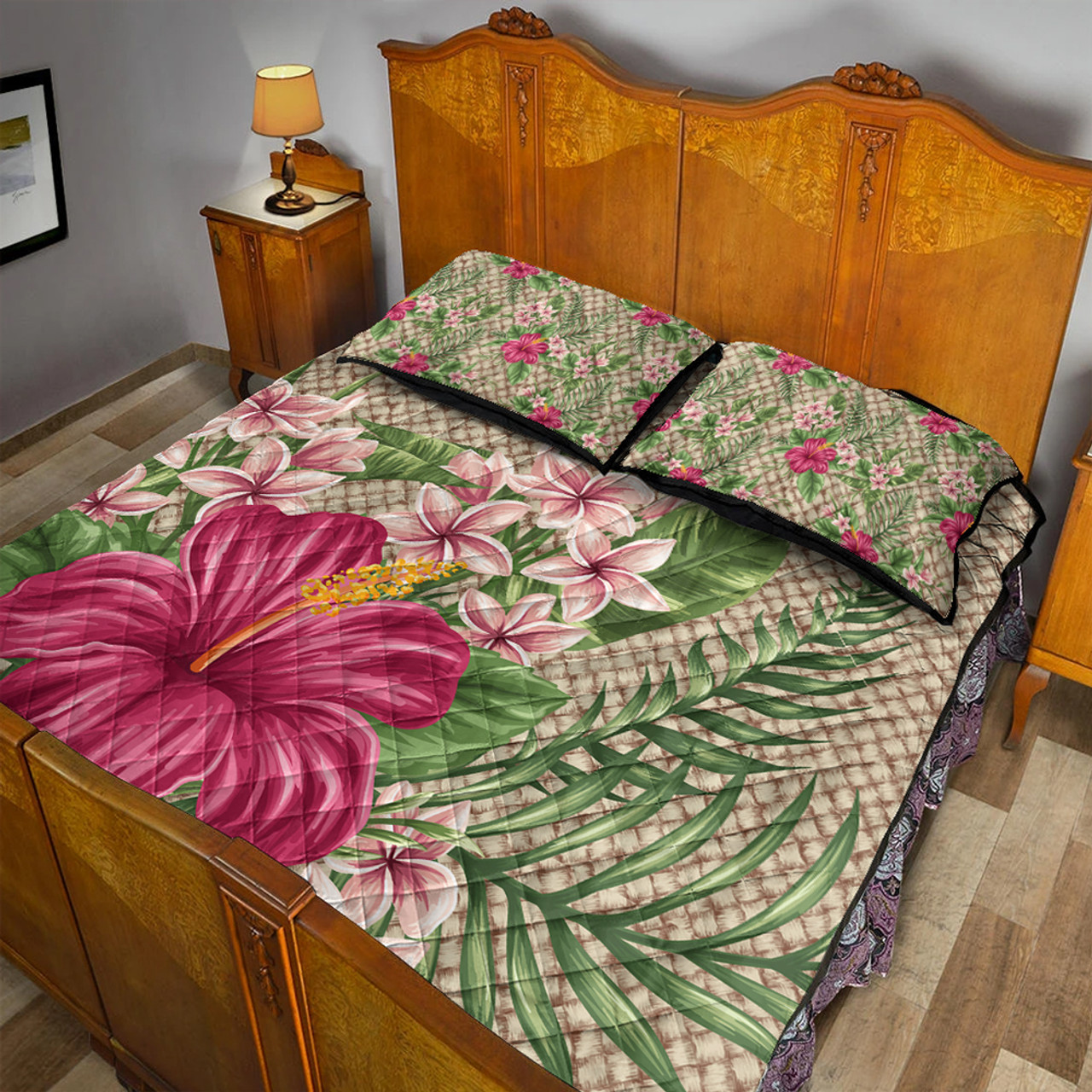 Hawaii Quilt Bed Set Hibiscus Plumeria Palm Leaves Lauhala Background Polynesian