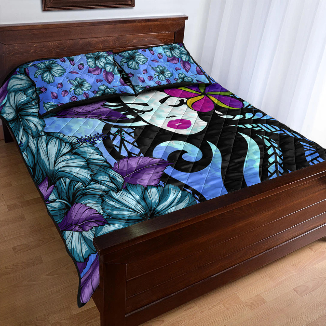 Hawaii Quilt Bed Set Hibiscus Polynesian Hula Girl