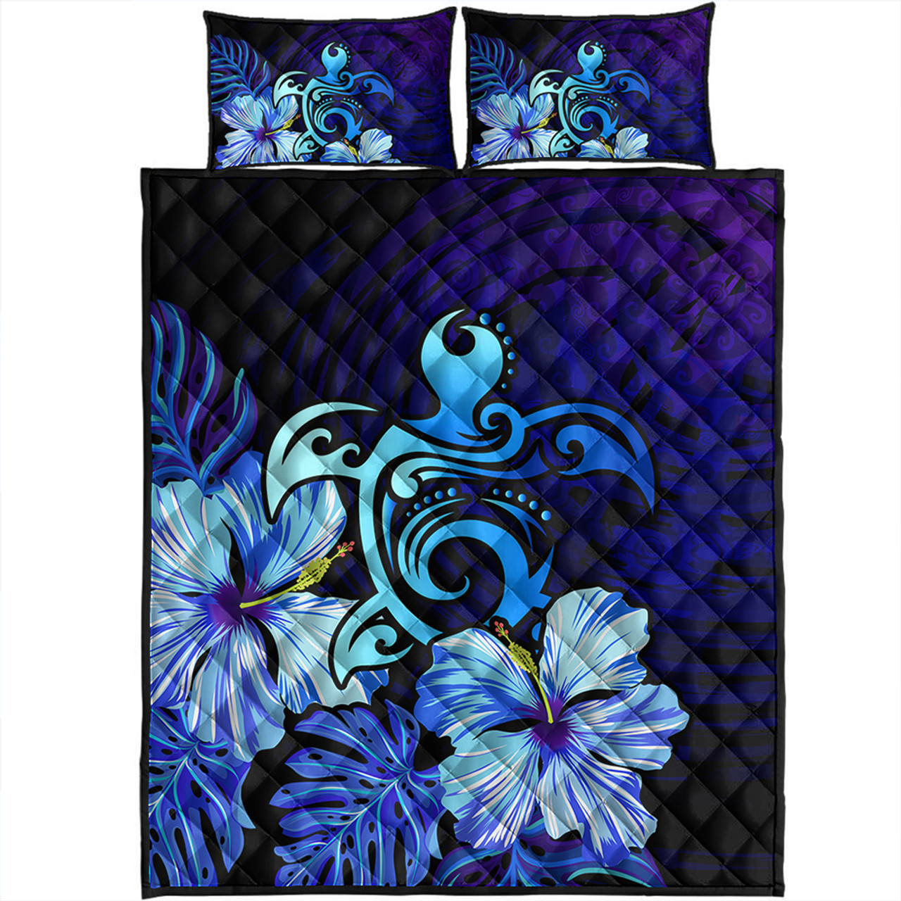 Hawaii Quilt Bed Set Hibiscus Tropical Deep Ocean Turtle Sea