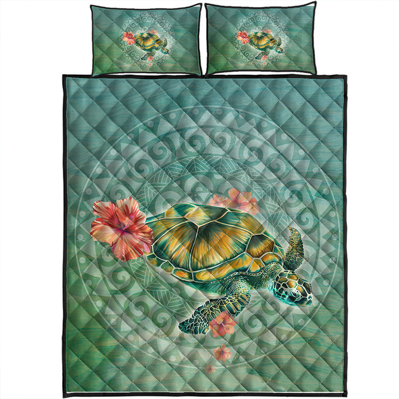 Hawaii Quilt Bed Set Hibiscus Turtle Swimming