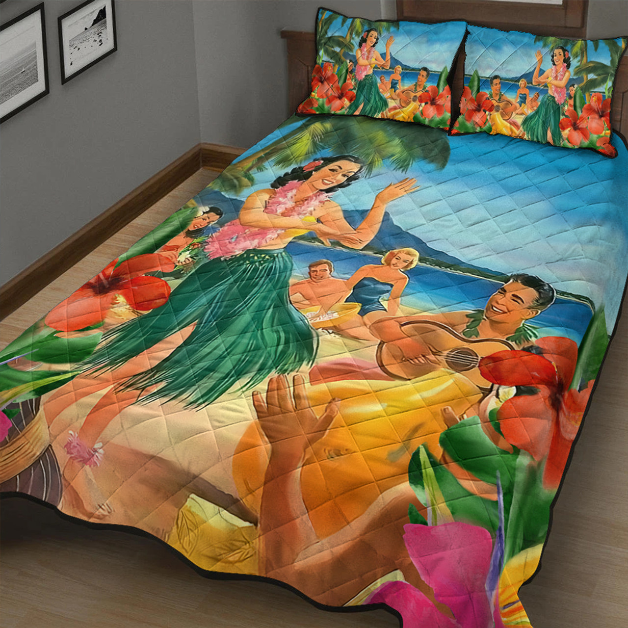 Hawaii Quilt Bed Set Hula Dance On Beach