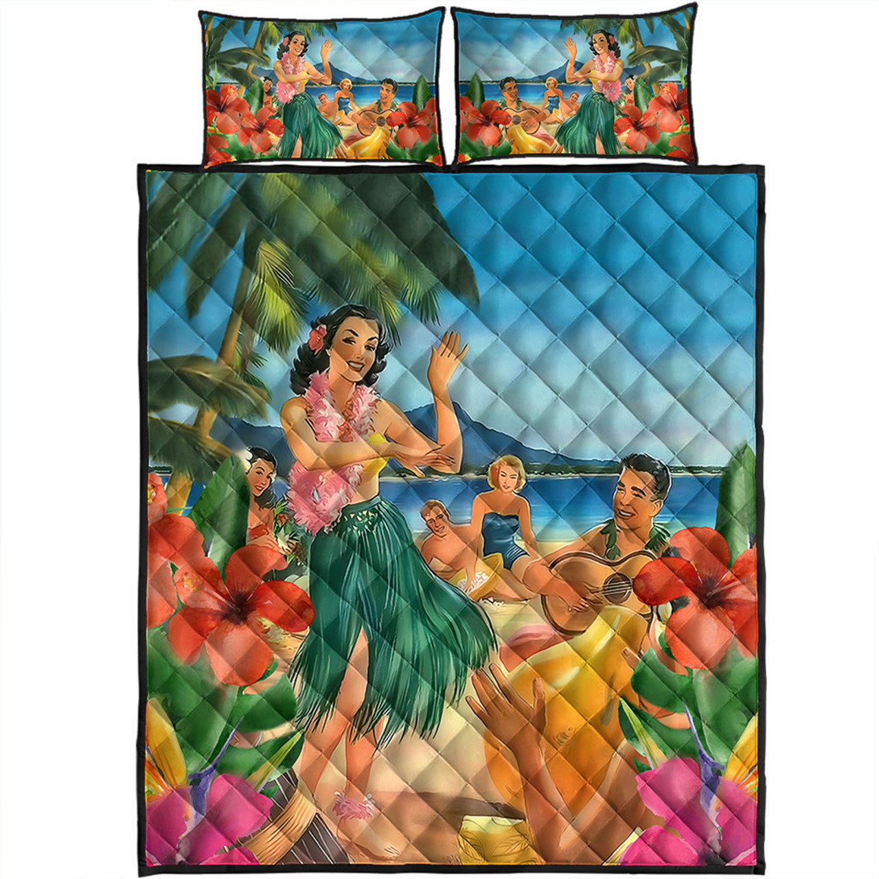 Hawaii Quilt Bed Set Hula Dance On Beach