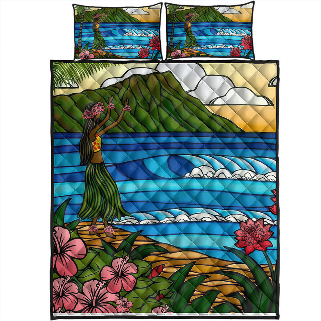 Hawaii Quilt Bed Set Hula Girl Dance Picture